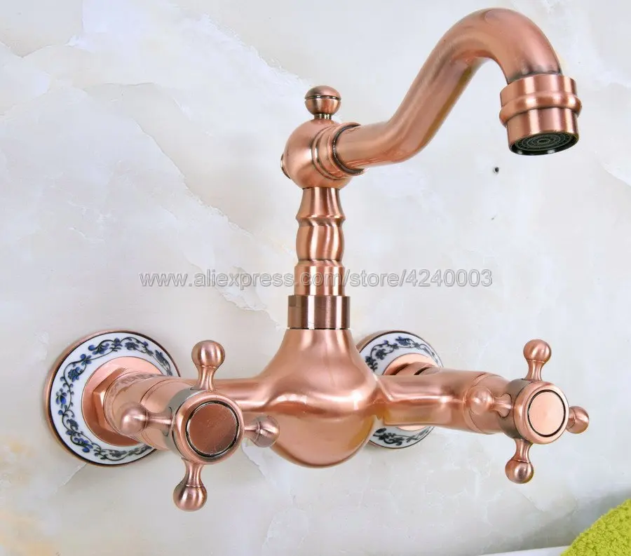 

Antique Red Copper Wall Mount Bathroom Swivel Basin Sink Faucet Mixer Tap Kna941
