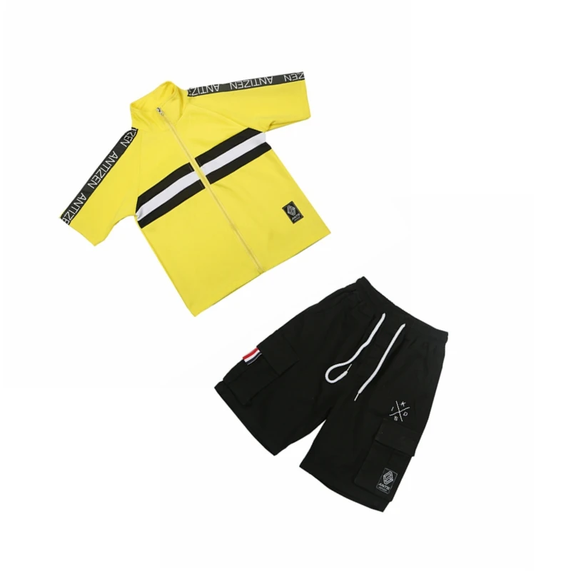 2pcs Костюм в стиле хип-хоп детская одежда для уличных танцев для мальчиков Одежда для сцены желтая рубашка шорты современные танцевальные джазовые танцевальные наряды DQS2118 - Цвет: 2pcs