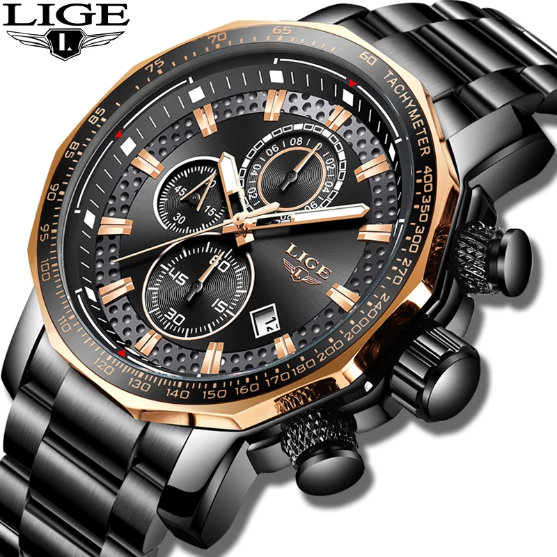 Часы наручные LIGE Мужские кварцевые, брендовые Роскошные спортивные полностью стальные водонепроницаемые в стиле милитари, с хронографом, ...