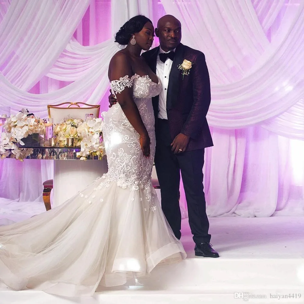 

New African Mermaid Wedding Dresses Off Shoulder Lace Applique Custom Made Bridal Bride Gown