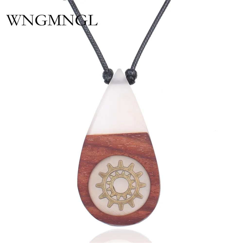 

WNGMNGL Vintage Handmade Choker Necklace Fashion Long Statement Leather Rope Wood Resin Pendant Necklaces For Women Jewelry Gift