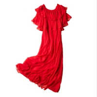 silk dress women summer butterfly sleeve red beach dress shell 100 silk long dress holiday high quality clothing free shipping