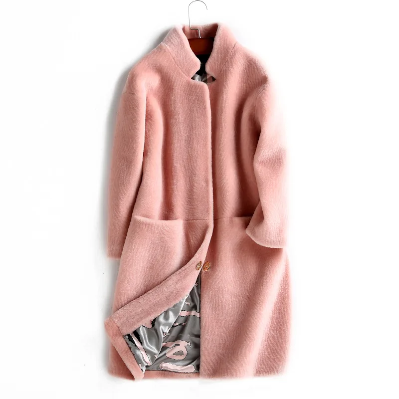 Pink AYUNSUE, Женское пальто с мехом, Натуральная шерсть, Женская куртка, Овечья овчина, пальто для женщин,, осень, зима, длинный Тренч, куртки YJRLJ - Цвет: Pink