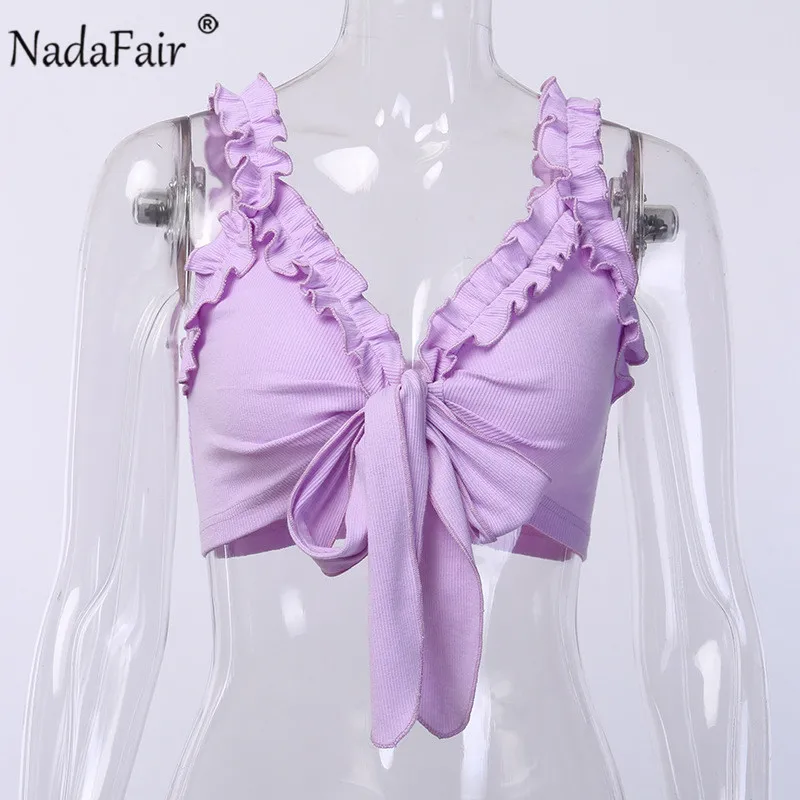 Nadafair с оборками и галстуком-бабочкой, летние укороченные топы для женщин, уличная одежда, глубокий v-образный вырез, обтягивающие сексуальные топы на бретелях, Короткие