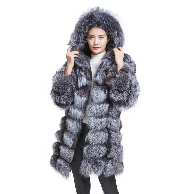 silver fox Королева huanhou настоящая шуба из серебристой лисы с капюшоном, Модное теплое длинное пальто из лисьего меха, Женское зимнее пальто - Цвет: silver fox
