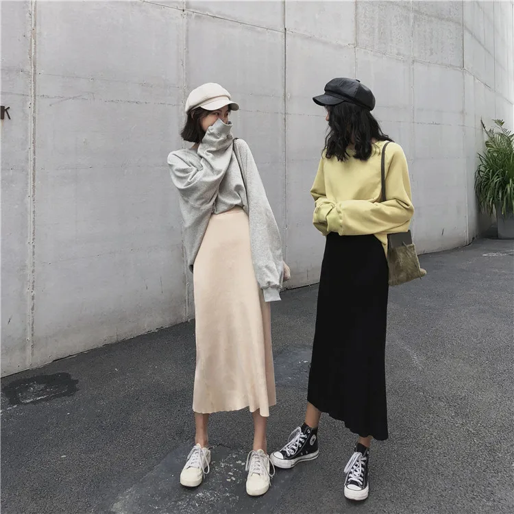 Harajuku уличная трикотажная юбка осень зима Корейская мода универсальная Сплит миди Faldas Mujer однотонные черные юбки женские