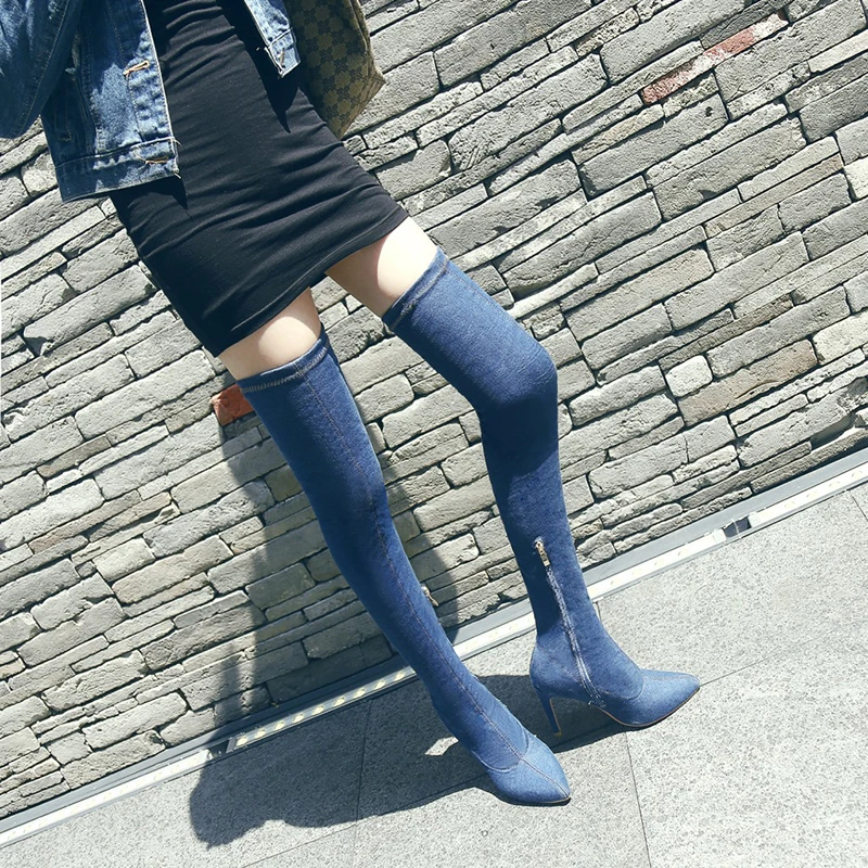 

EISWELT Women Fashoin Boots Spring Autumn Winter Stretch Denim Over Knee High Heel with Long Female Shoes Women Solid Shoes
