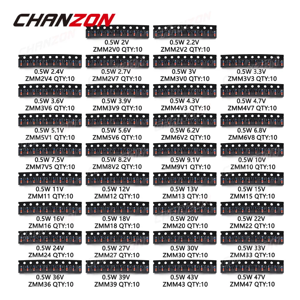 0,5 W SMD зенеровские набор сортированных диодов(2V 3В 3,3 V 3,6 V 5,1 V 5,6 V 7,5 V 10V 12V 13V 15V 16 18 20 22 24V 30 в 36 в 39 в 47 в