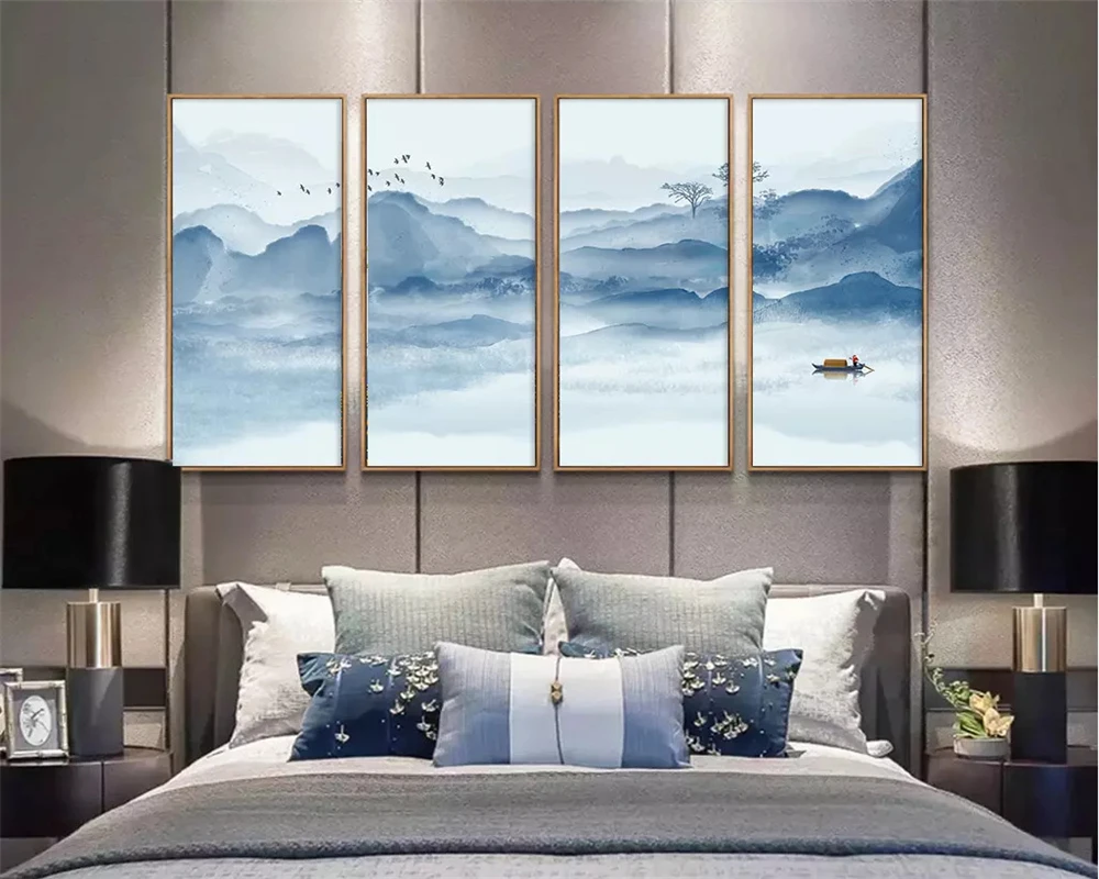 Пользовательские Летающие птицы новые китайские чернила пейзаж Синий