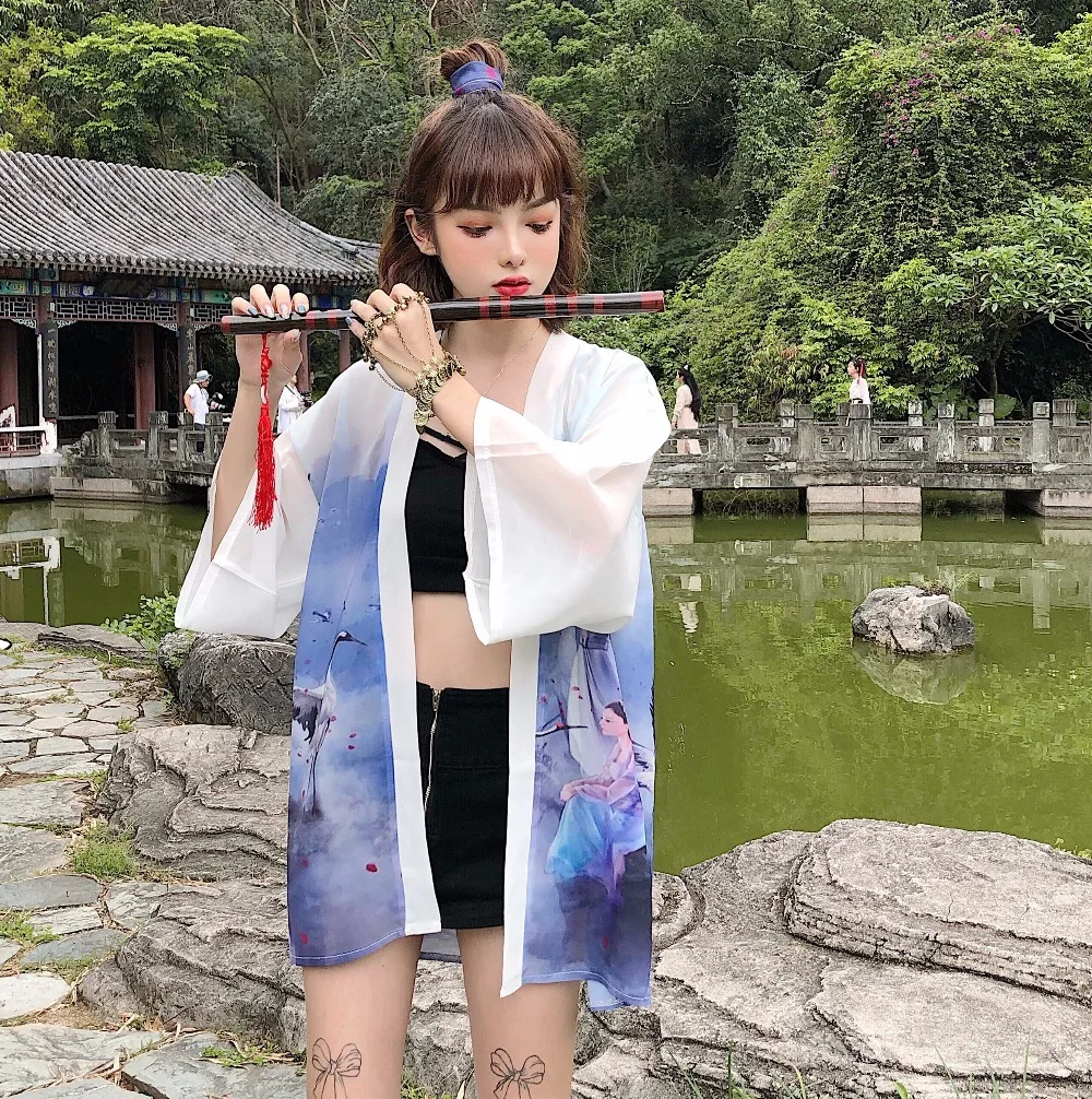 Китайский уличный стиль цифровая печать свободная Солнцезащитная одежда кимоно