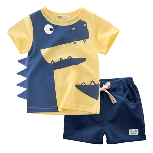 Yellow blue BINIDUCKLING/Коллекция года, модная летняя детская одежда для маленьких мальчиков футболка с круглым вырезом и рисунком динозавра+ шорты, хлопковый комплект, детская одежда, 2 предмета - Цвет: Yellow blue