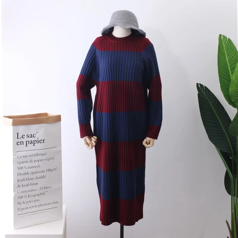 

2018 Promotion Jumper Suit-dress Winter Clothes New Pattern Korean Foreign Stripe Long Fund Sweater Skirt Woman Overknee M2617