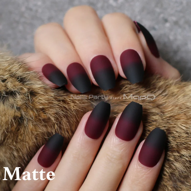 Coffin-Matte Гроб матовый красный черный градиент поддельные ногти глянцевые гвозди черный красный Средний накладные ногти кончик 24 шт - Цвет: Coffin-Matte