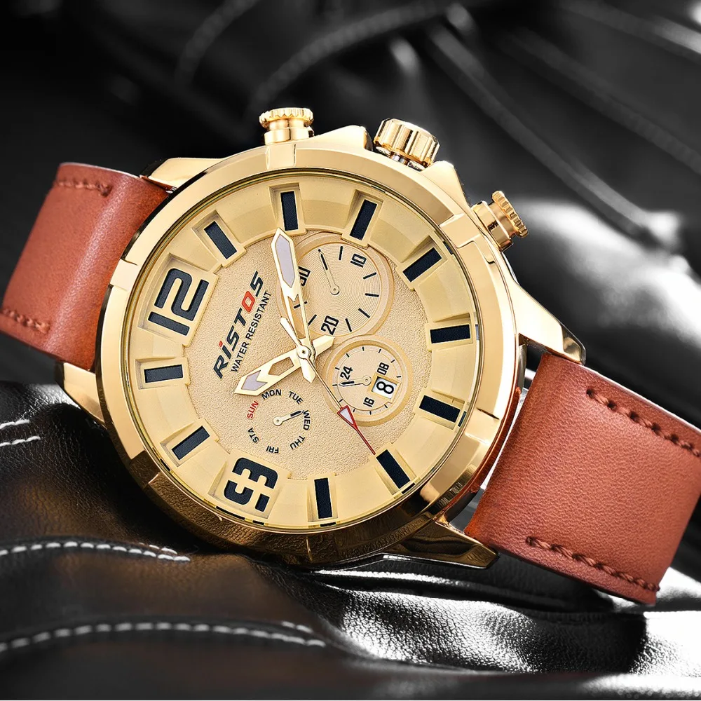Оригинальные мужские наручные часы RISTOS с календарем спортивные кварцевые