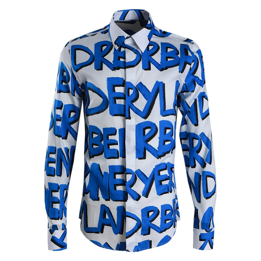 

2019 New arrival high quality men cotton Broken Flower English Blue Fashion Printed Casual Shirts plus size M L XL 2XL 3XL 4XL