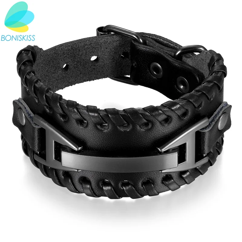 Мужской кожаный браслет Boniskiss черный широкий с застежкой из сплава | Украшения и