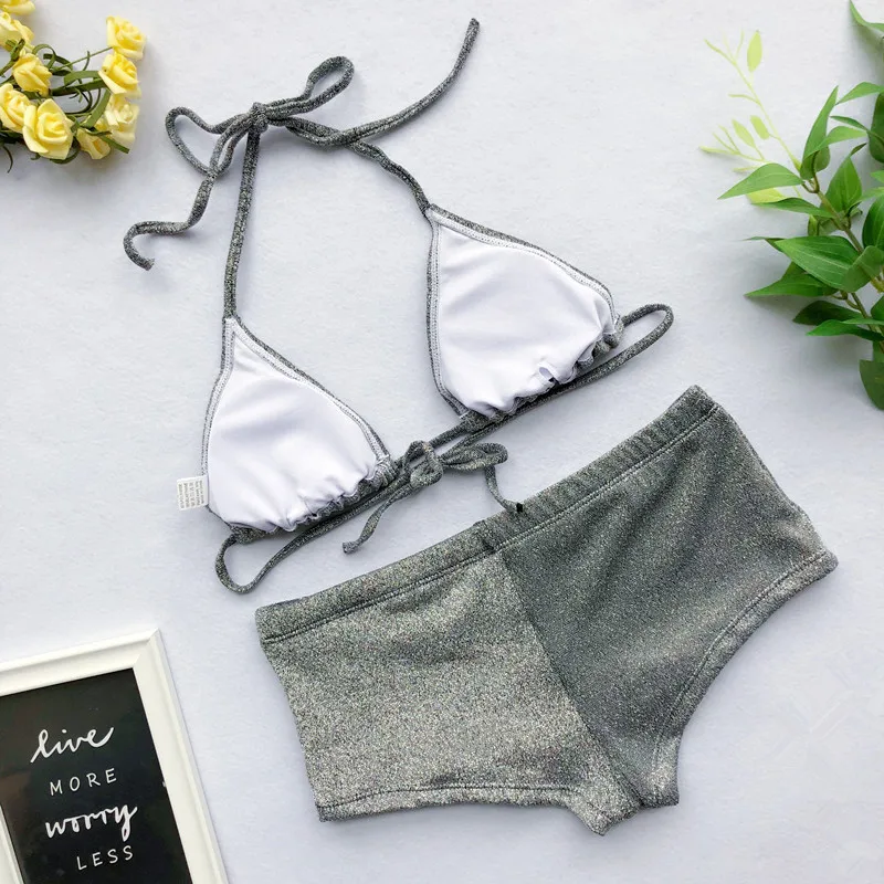 Яркий блестящий бикини с высокой талией женский купальник лямкой на шее из двух