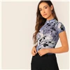 SHEIN Mock Neck Tie Dye растительный принт женские сетчатые топы летние Highstreet Тощий стоячий воротник Кепка рукав кроп женская футболка