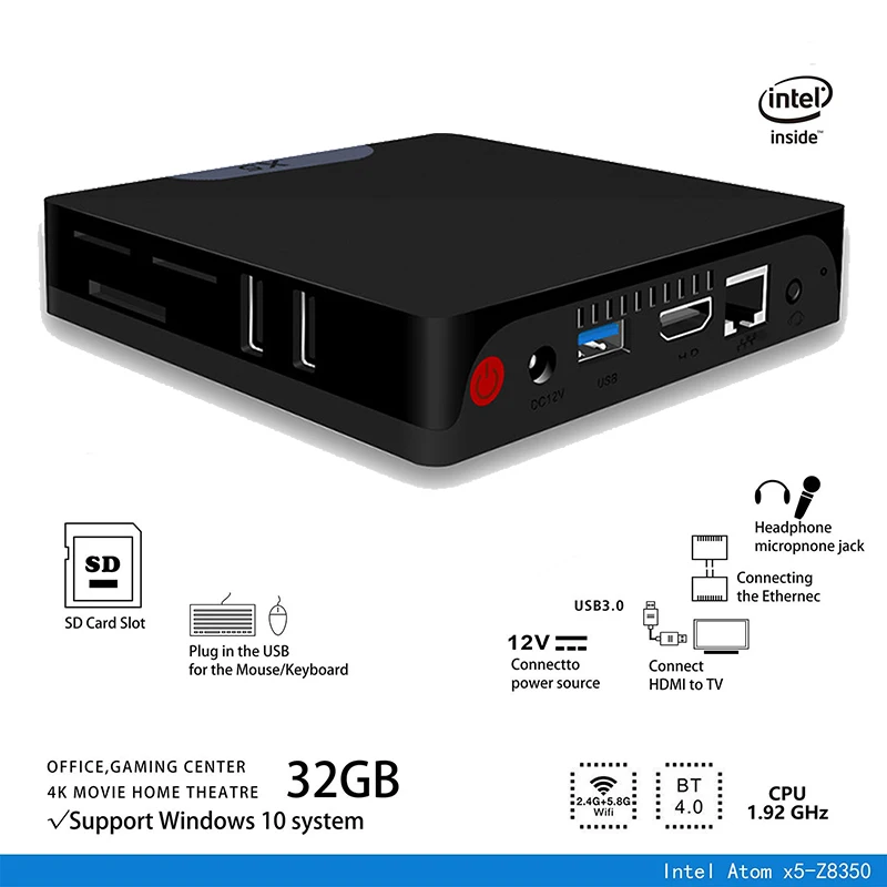 Мини Смарт ПК Atom x5-Z8350 процессор Windows10 и Android ТВ коробка 2 ГБ 32 Bluetooth 4 0 1000 м LAN 4G WiFi