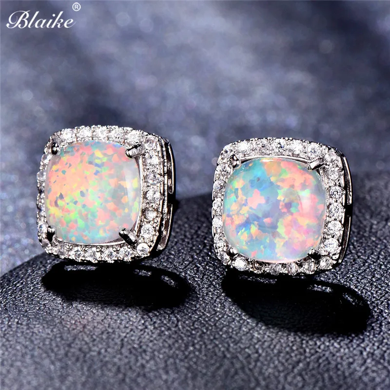 Blaike маленькие квадратные синие/зеленые/белые огненные опаловые серьги гвоздики