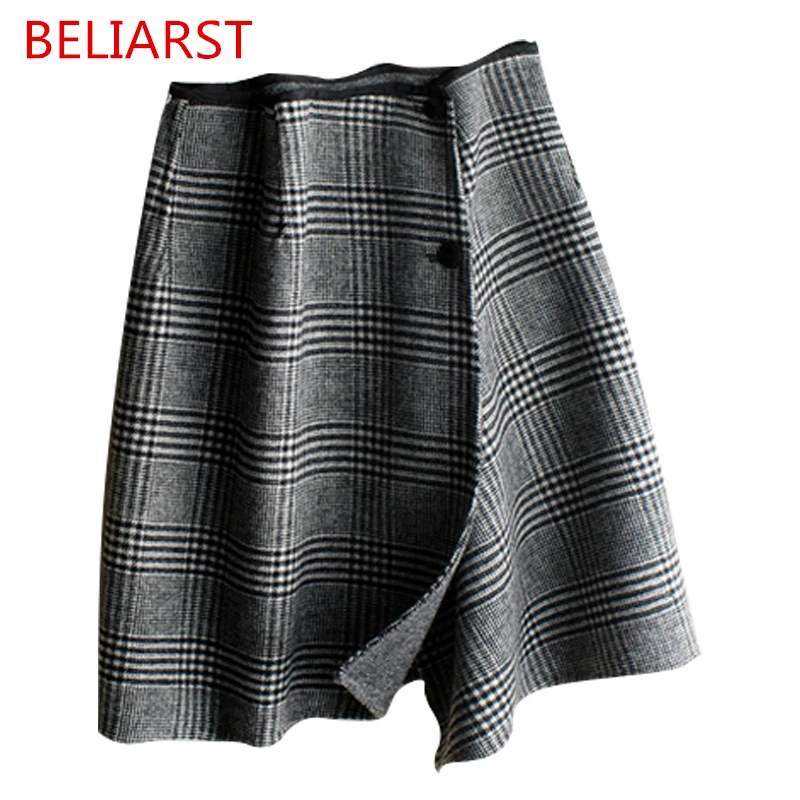 BELIARST, осенняя и зимняя Новая двухсторонняя юбка из чистой шерсти, Женская клетчатая мини-юбка с высокой талией, тонкая сексуальная сумка, вязанная снизу