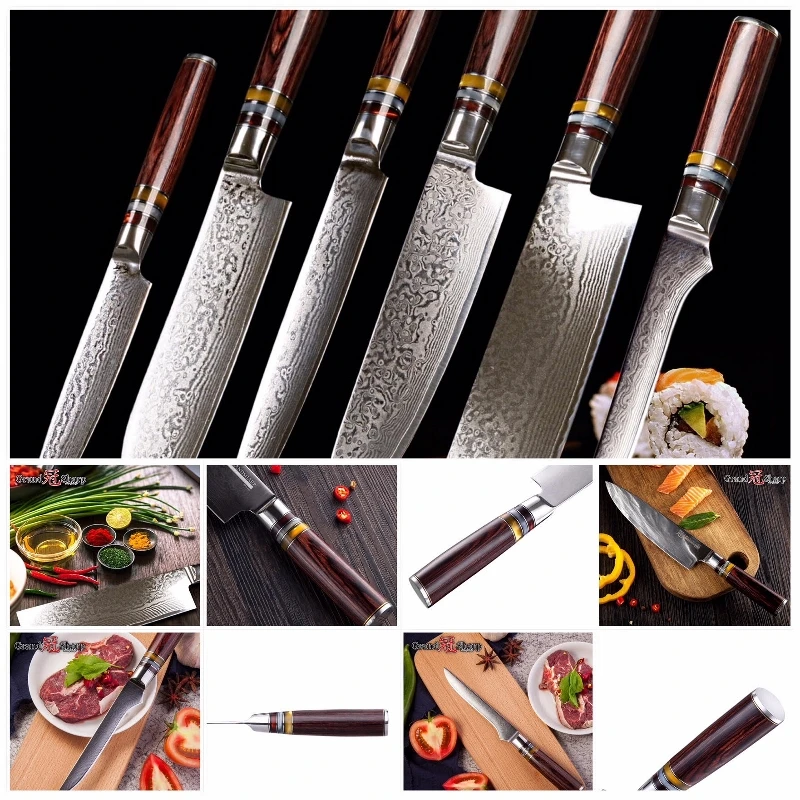 Damascus Chef Knife Set 6 pcs vg10 Japanese Steel Kitchen Knives Professional Cooking Tools Best Family Wedding Gift | Дом и сад