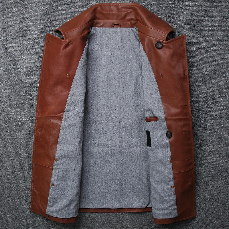 Мужское длинное двубортное Пальто 4XL коричневая куртка из натуральной воловьей
