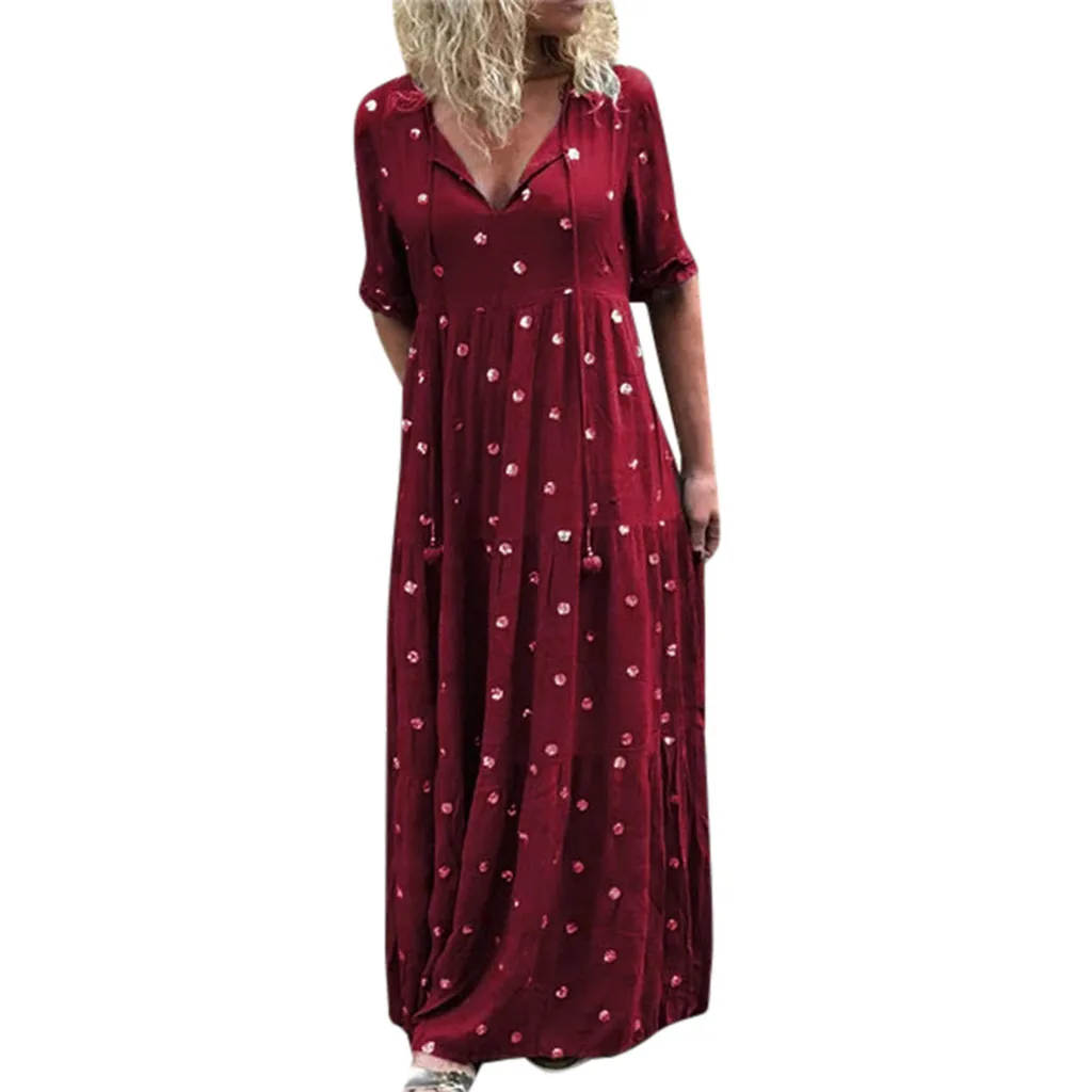 Бургундия Vestidos, женское летнее платье, модное платье в горошек, с принтом, с открытыми плечами, кружевное, с рюшами, с бантом, длинное платье,, robe femme - Цвет: Бургундия