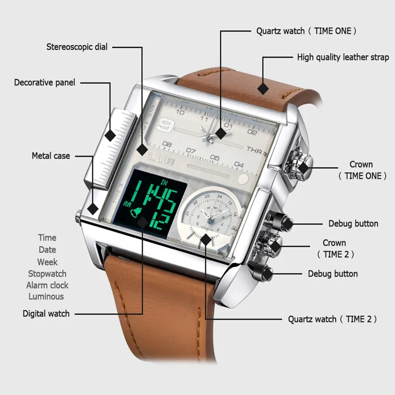 Мужские модные спортивные часы с кожаным ремешком водонепроницаемые кварцевые