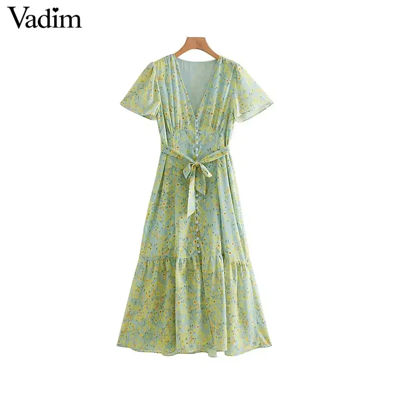 Вадим женщин платье с цветочным рисунком пикантные V шеи пояса плиссированные