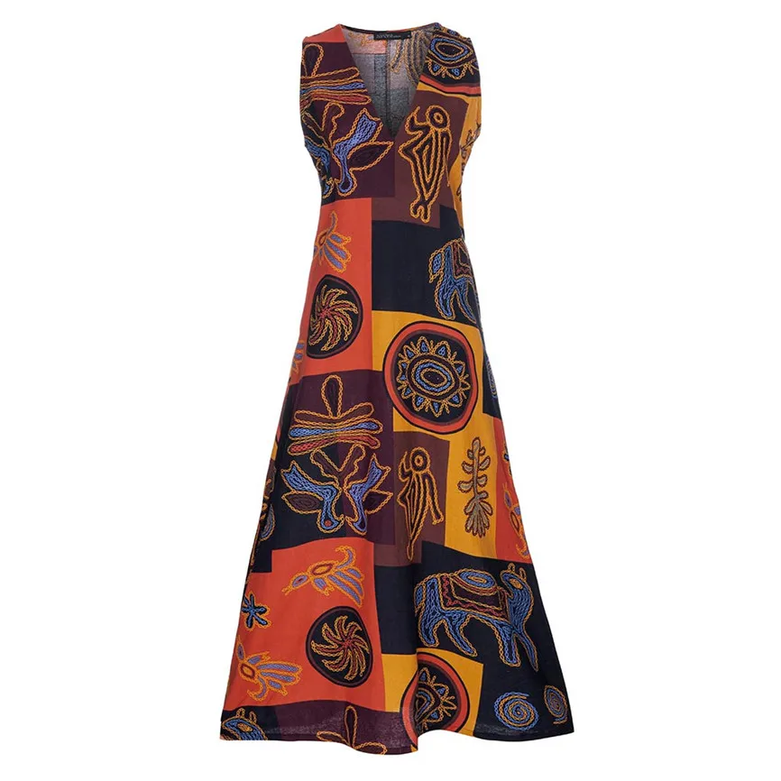 Женское винтажное платье с v-образным вырезом летнее Макси без рукавов большие