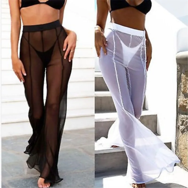 

New Sexy Ruffle Women Beach Mesh Pants Sheer Wide Leg Pants Transparent See through Sea Holiday Cover Up Bikini Trouser Pantalon