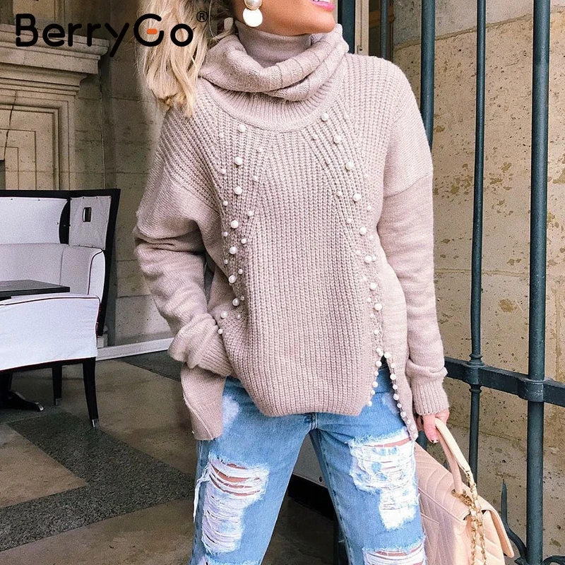 Женский вязаный свитер BerryGo свободный с высоким воротом и длинным рукавом 2018 |