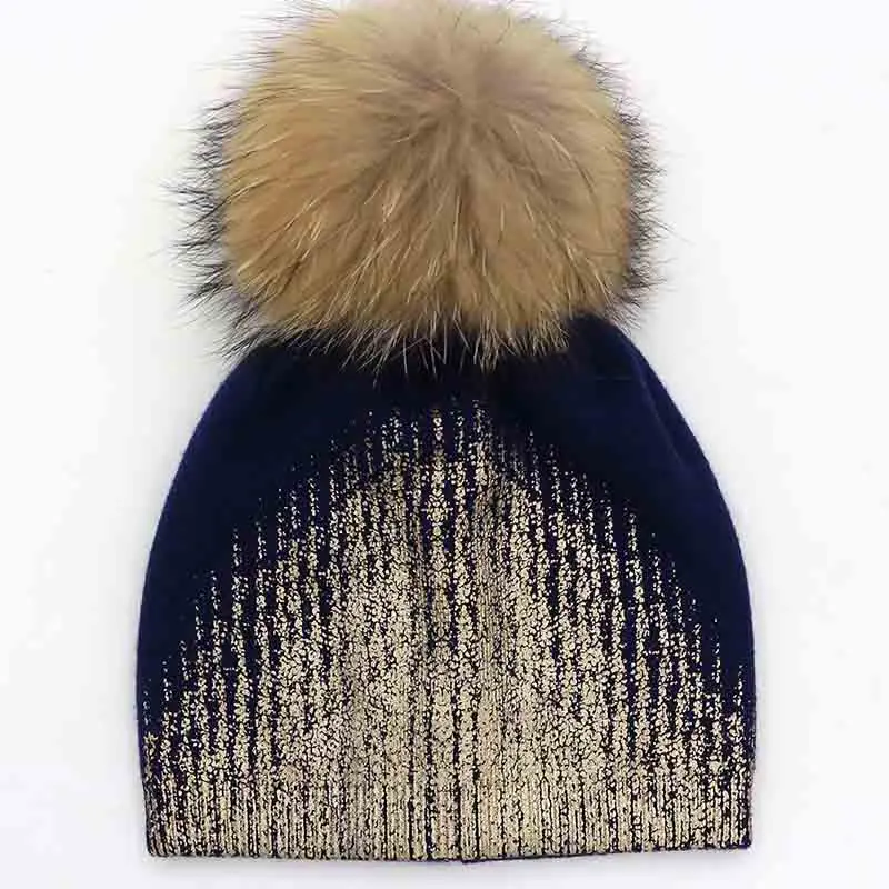 Navy blue 1 GZHILOVINGL для женщин золото цвет металлик шапка бини дамы вязаная зимняя теплая шерсть акрил натуральный мех енота Pom Skullies шапки - Цвет: Navy blue 1