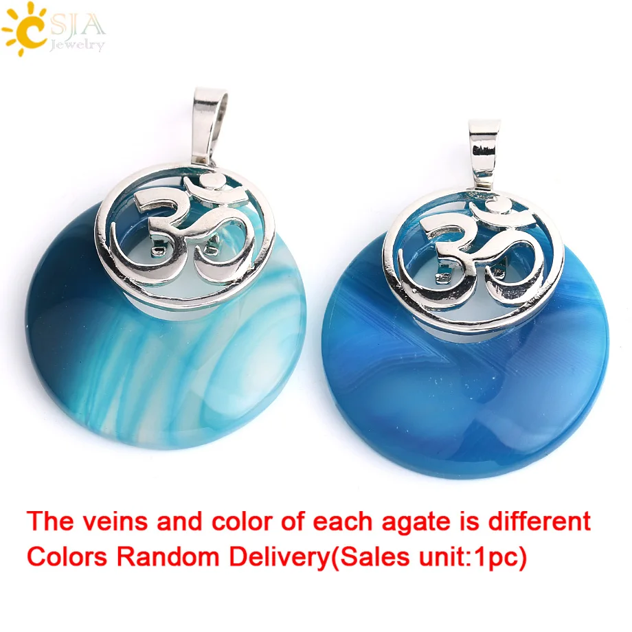 Blue Veins Agate CSJA рейки натуральный камень розовый с кварцевым тигровым глазом Фиолетовый Кристалл оникс кулон Йога Серебряный Цвет 3D AUM женские ожерелья бижутерия G049 - Окраска металла: Blue Veins Agate