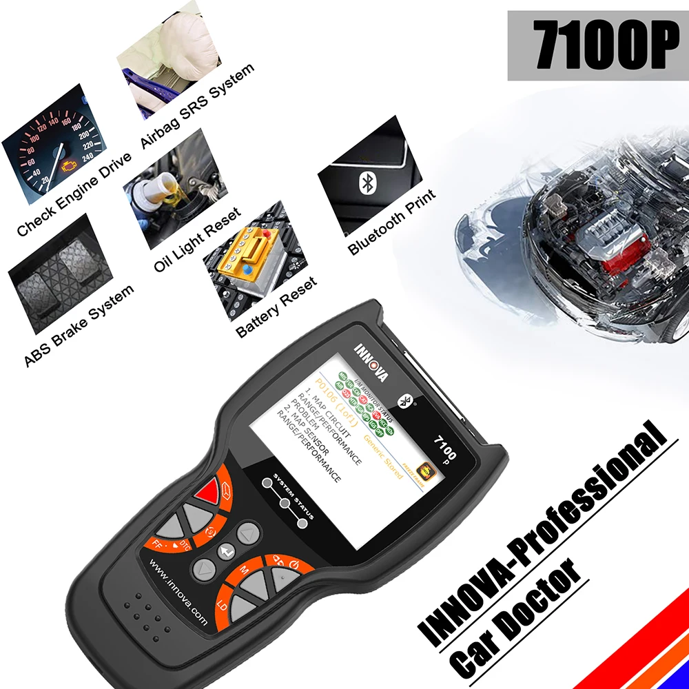 Innova 7100P Профессиональный OBD2 сканер для легких грузовиков и автомобилей ABS подушка