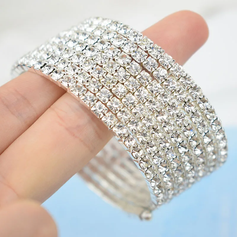 sz-1034 Серебро Браслеты Bling из серебряного сплава прозрачного хрусталя Браслеты 3/5/7 ряд эластичное широкой Браслеты ювелирные изделия лучший подарок для Для женщин - Окраска металла: sz-1034