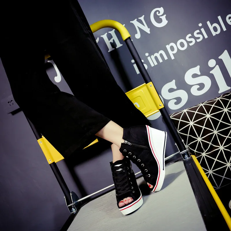 Spring summer 2019 new lady Wedges peep toe Canvas Shoes Woman Platform High top Height Increasing Casual big size A138 | Обувь