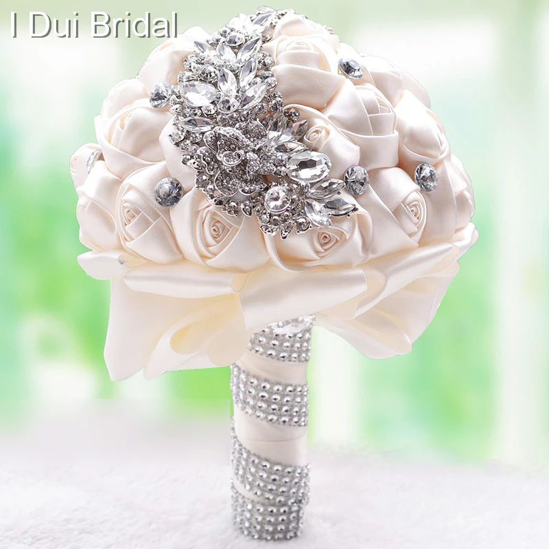 

Fabric Rose Crystal Rhinestone Luxury Bridal Brooch Bouquet Wedding Flower Bridesmaid Hand Flower