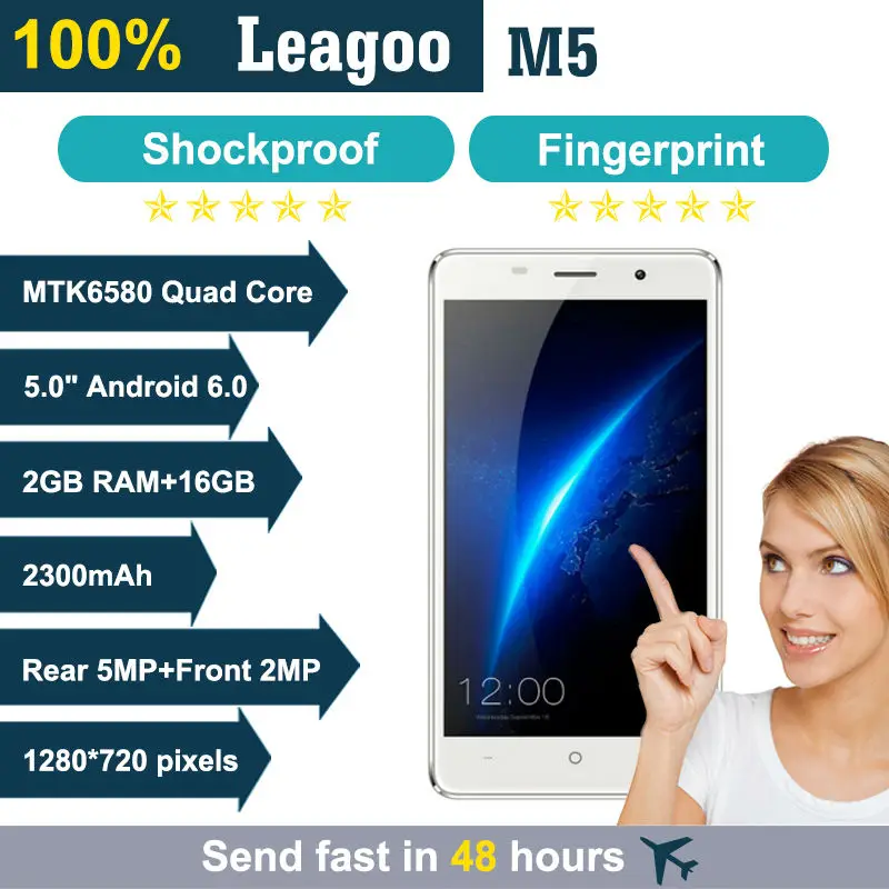 Original Leagoo M5 Shockproof Mobile phone Android 6.0 5'' MTK6580 Quad Core 2GB+16GB Dual Sim GPS Fingerprint 3G Smartphone |