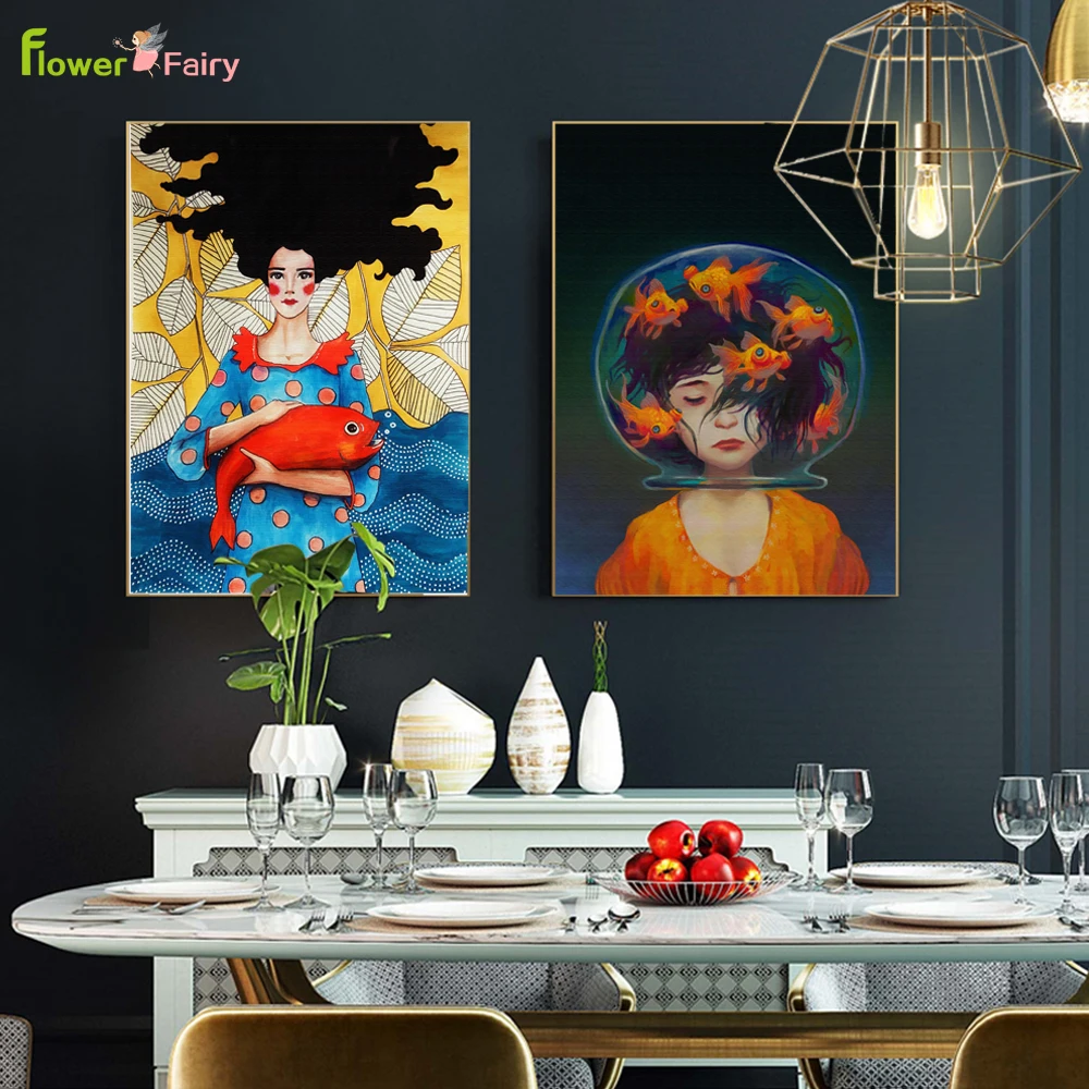 

Abstract Watercolor Fish Girl Wall Art Canvas Painting Art Prints Nordic Poster Modern Wall Pictures For Living Room Unframed