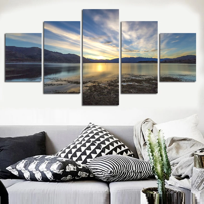 

Modern Mountain And River Landscape Canvas Painting 5 Pieces Wall Art Spectacular Sunshine Picture For Living Room FA515