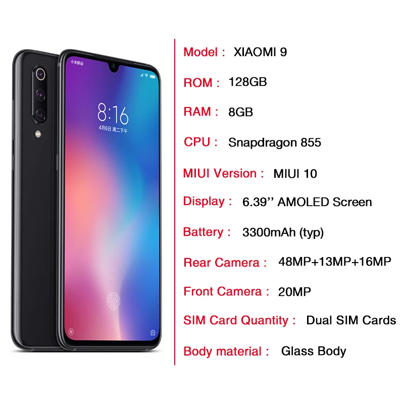 Xiaomi mi 9 8 GB 128 Snapdragon 855 Octa Core 6 39 ''AMOLED экран 48MP Тройная камера смартфон в дисплее