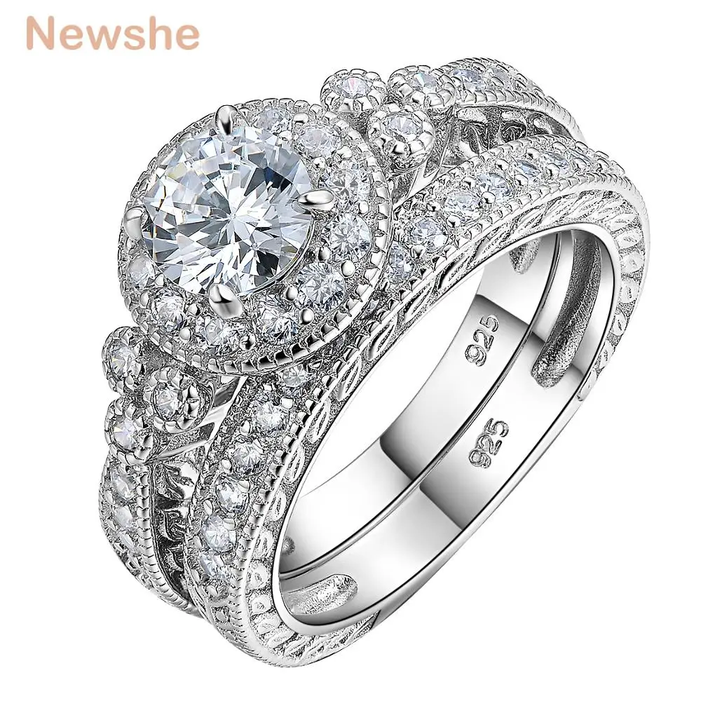 Newshe 1,2 Ct круглая огранка AAA CZ 925 пробы серебро Halo обручальное кольцо наборы обручальное кольцо классические ювелирные изделия для женщин JR4968