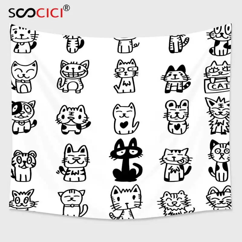 Cutom Tapestry Wall Hanging Cat Decor Hand Drawn Sketchy Cats with Happy Face Gestures Comic Creatures Funny Art Print Black | Дом и сад