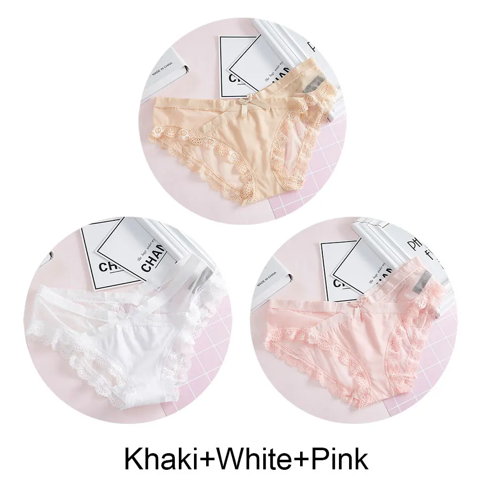 Khaki-White-Pink 3 шт., сексуальные кружевные трусики для женщин, нижнее белье, низкая посадка, дышащие Бесшовные трусики, трусы, Прозрачное нижнее белье с бантиком для девушек, новинка - Цвет: Khaki-White-Pink