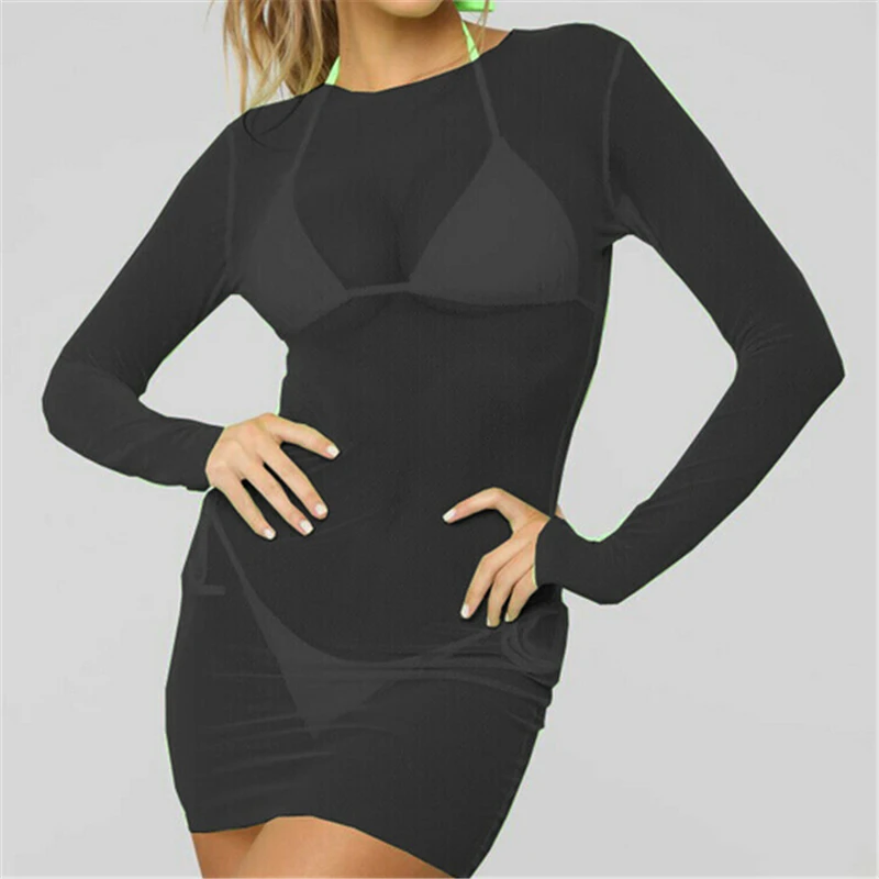 Сексуальное женское летнее пляжное платье прозрачное Сетчатое с длинным рукавом