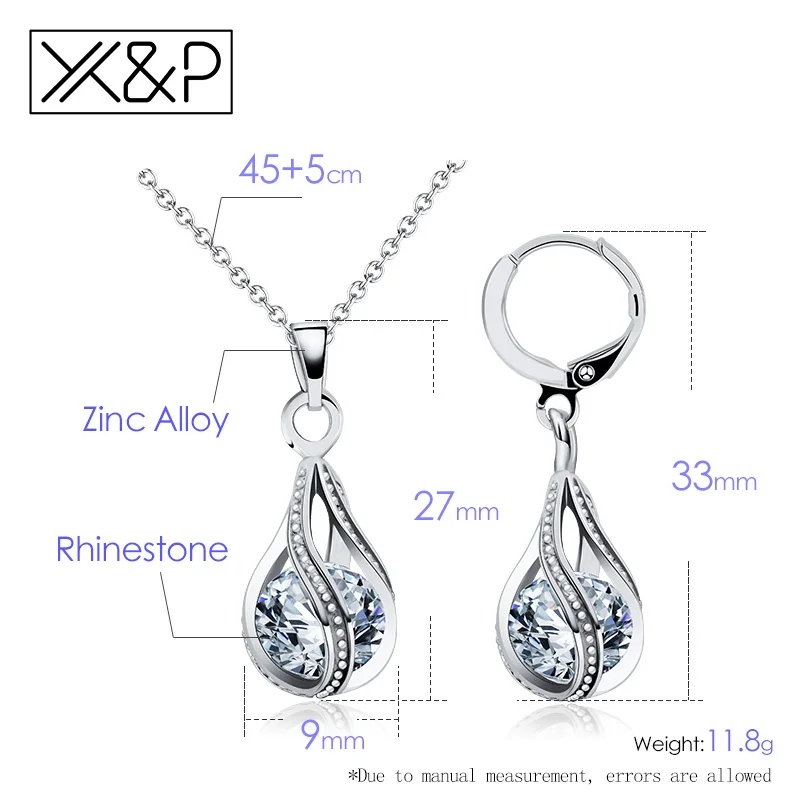 X& P Модный золотой серебряный висячий Кристалл ювелирный набор Классический Блестящий корейский кубический цирконий ожерелье серьги набор ювелирных изделий