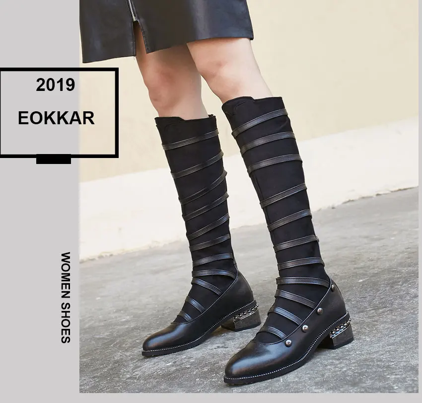 Eokkar/ г. высокие сапоги до бедра из искусственной кожи сапоги до середины икры с острым носком на толстом каблуке зимняя обувь в римском стиле на молнии на среднем каблуке Женские размеры 34-45