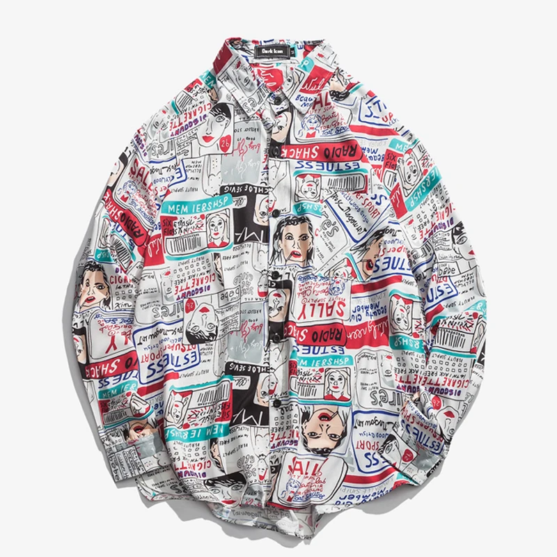 Рубашка мужская 2018 Новая полная печать отложной длинный рукав воротник хип-хоп